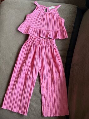 Girls Pink Pleated Matching Set Wide-Leg Top & Pants